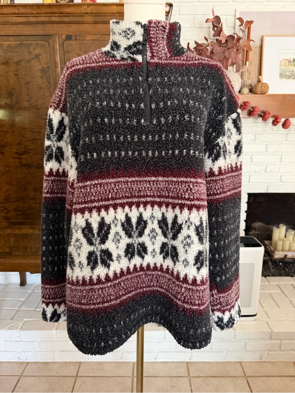 Vintage Mountain Lake Fair Isle Snowflake 1/4 Zip Sherpa Pullover - Nordic